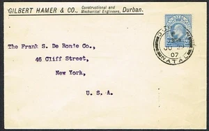 1907 Natal EVII 2 1/2d blau Durban-New York Werbung Umschlag Ingenieure - Bild 1 von 2