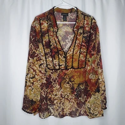 Lane Bryant Silk Top Women 26/28 4X Red Yellow Floral Lace V-Neck Long Sleeve - Image 1 of 4