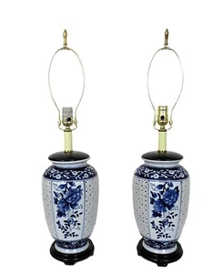 Pair of Chinoiserie Blue & White Table Lamps Asian - Picture 1 of 6