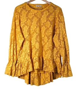 Blusa romántica Zara Trafaluc talla S amarilla dorada de encaje transparente alta baja de gran tamaño - Imagen 1 de 8