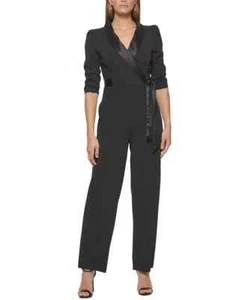 DKNY Side-Tie Collared Wrap Jumpsuit Womens 16 Black 3/4 Sleeve Back Zip Closure - Picture 1 of 20