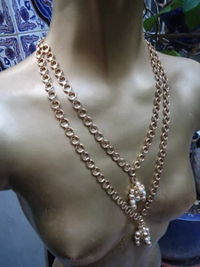 Dior AStonishing Gold Tone Double Chain Tribal Pearl Sautoir Long Necklace New - Picture 1 of 11