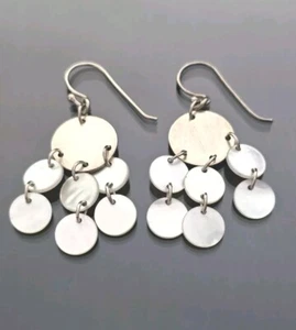 924 Sterling Silver Mother of Pearl Disc Dangle Chandelier Earrings Pre-owned - Picture 1 of 6