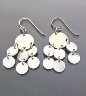 924 Sterling Silver Mother of Pearl Disc Dangle Chandelier Earrings Pre-owned  - Image 1 of 4