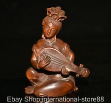 5.2" Old China Boxwood Hand Carving Beautiful Woman Belle Play Piano Sculpture