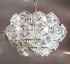 ONE OF TWO BALLROOM CHANDELIER Pendant Light with Crystal Glass Hexagons 1970s