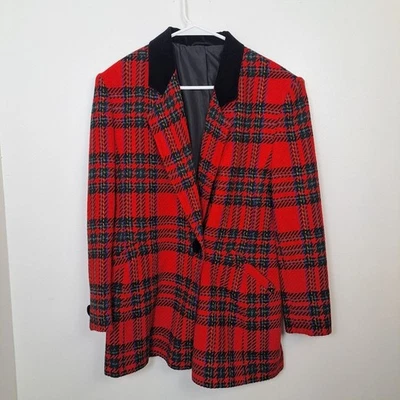 Vintage Red Green Wool Blend Plaid Houndstooth Single Breasted Blazer Size 10 - Image 1 of 4