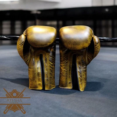 Vintage goldene Leder Boxhandschuhe | Retro Profi Kampfausrüstung - Bild 1 von 4