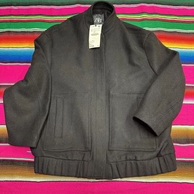 NWT ZARA Jacket Coat Men's Small Wool Blend Black Business Casual Bomber Foto 1 de 4