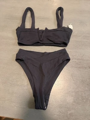 bitsy cut NEW black ribbed L SPACE swimsuit two piece bikini size small - Image 1 of 2