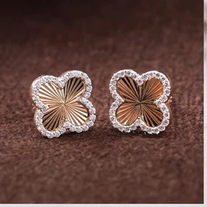 1Ct White Round Cut Moissanite Diamond Halo Clover Studs 14K Yellow Gold Over - Picture 1 of 10