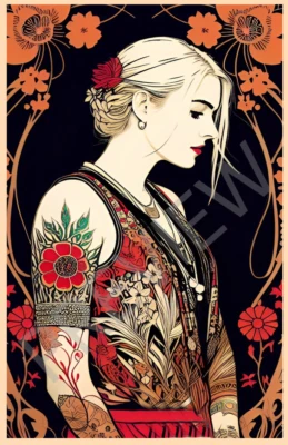 Ziola Rosa - Art Deco Style Hippie Girl Flower Child Floral Art Botanical Print - Image 1 of 4