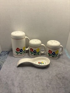 Vintage Daisy Flower Salt, Pepper & Cheese Shakers Ceramic Handle W/ Spoon Rest - Picture 1 of 12