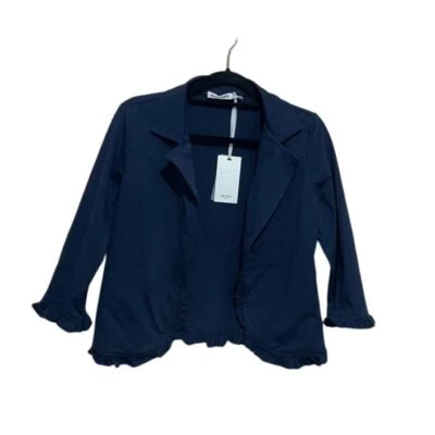 Grace Karin Navy Blue Ruffle Trim Open Front Blazer Jacket Business 3/4 Sleeve S - Image 1 of 4