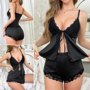 Women Sleepwear Silk Pajamas Set Lace Camisole Shorts Nightwear Sexy Lingerie US - Picture 1 of 42