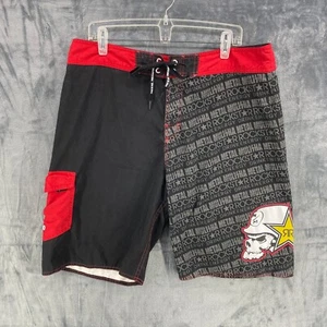Metal Mulisha Men’s Board Shorts Sz 36 Helmet & Skull Rockstar Energy Black Red - Picture 1 of 12