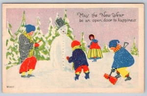 Mayo Año Nuevo Sea Una Puerta Abierta a la Felicidad, Niños, Muñeco de Nieve, Postal De Colección - Imagen 1 de 2