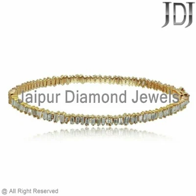 Natural Baguette Diamond Bangle Solid 14k Yellow Gold Wedding Handmade Jewelry - Image 1 of 4