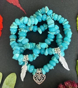 Handcrafted ! NEW Turquoise Gemstone Bracelet With Charm & Velvet Gift Bag Fab - Picture 1 of 15