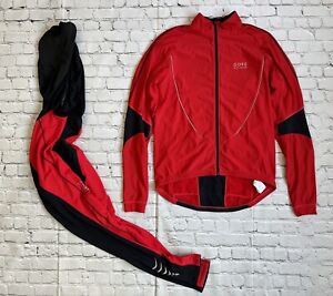 Men GORE BIKE WEAR Red Cycling Jacket + Bib Pants Set Suit Size XL/XL