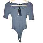 NWT DKNY Ribbed Thong Bodysuit XS Heather Gray Short Sleeve Scoop Neck Cotton