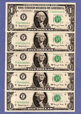 БАНКНОТЫ НОМИНАЛОМ 1 ДОЛЛАР 1963 А ПЯТЬ ПОСЛЕДОВАТЕЛЬНЫХ БАНКНОТ США бумажные деньги - Изображение 1 из 4
