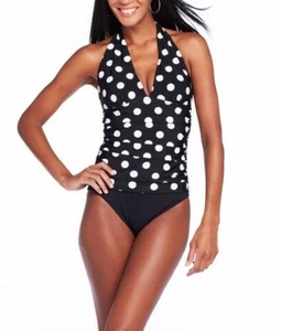 Chaps Black & White Polka Dot Halter swimsuit size 12 - Picture 1 of 4