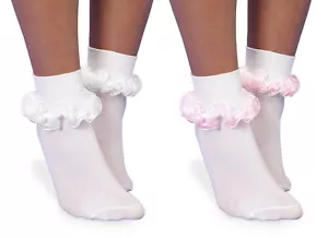 Jefferies Socks Girls Seamless Tutu Ribbon Ruffle Lace Nylon Turn Cuff Socks 2PK - Picture 1 of 7