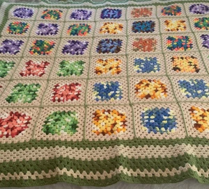 Granny Squares Afghan Throw Beige Multi 56”x 66" No Fringe Handmade Crocheted - Picture 1 of 12