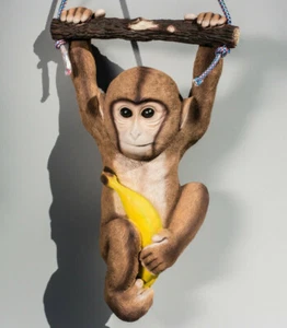 Hanging Monkey Statue Banana Yard Garden Figurine Chimpanzee Tree Branch Decor - Picture 1 of 6
