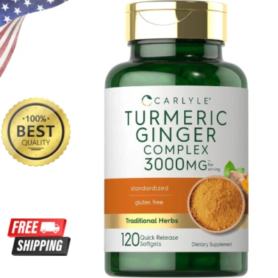 Complejo Tumérica Curcumina Max Potencia y Jengibre 3000 mg, 120 Cápsulas Blandas Ultra Alto Foto 1 de 4