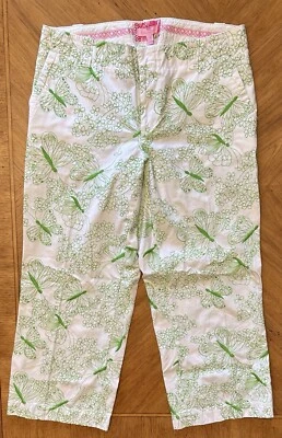 Lilly Pulitzer Pants Sz 6 Green White Butterfly Floral Embroidered Cropped Capri - Image 1 of 4
