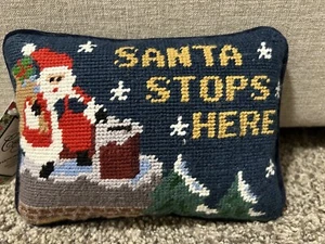 C&F Needlepoint Christmas "Santa Stops Here” Chimney Accent Throw Pillow 9”x6” - Picture 1 of 2