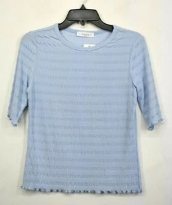 Elodie Womens Blue Solid Scoop Neck Lettuce Trim Elbow Sleeve Ribbed Knit Top M - Picture 1 of 8