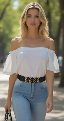 Mujer Negro Correa Elástica Especial Genial Colección Cinturón Metal Dorado XX Dije S M Foto 1 de 4