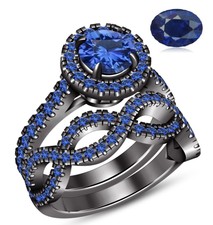 Blue Sapphire Halo Ladies Bridal Set Engagement Ring Band 14K Black Gold Finish