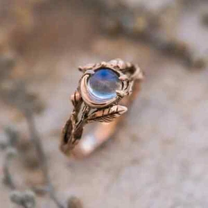 Engraved 14K Rose Gold Plated Silver Natural Moonstone Art Nouveau Cocktail Ring - Picture 1 of 7