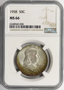 1958 50c Franklin Half Dollar NGC MS66 - Picture 1 of 4