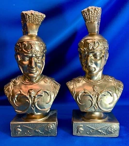 PAIR GOLDEN ROMAN CENTURIONS CAST PLASTER BUST FIGURINES 13.5"H & 14"H - Picture 1 of 10