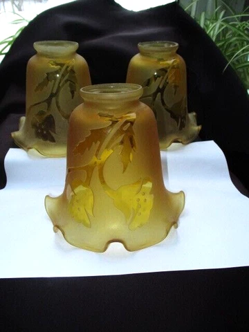 3 VICTORIAN CAMEO GLASS GASOLIER LIGHT SHADES FROSTED SATIN AMBER Cover