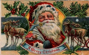 POSTCARD CHRISTMAS SANTA CLAUS & REINDEER - Picture 1 of 2