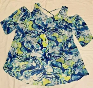 NY Collection Übergröße 1X transparente Bluse Blumenmuster Lagenlook Cold Shoulder Träger - Bild 1 von 12
