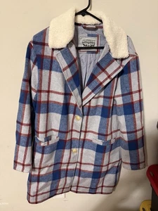 (N) Levi’s Plaid Wool Blend Coat Sherpa Collar Jacket Men’s Medium Vintage - Picture 1 of 3