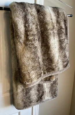 POTTERY BARN Throw Blanket Brown Ivory FAUX FUR Animal Print 50X60 - Image 1 of 4