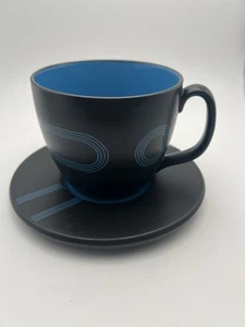 Used IKEA Black & Blue Geometric LRG 16 oz Cup Mug & Saucer Set Stoneware Retro - Picture 1 of 9