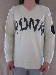 BLAC LABEL Mens Leather Accented Truly Damned Punk Cream T Shirt Size LARGE NWT - Picture 1 of 4