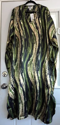  NEW SANTE MUMU 1X 2X 3X CAFTAN HOUSE DRESS GREEN BLACK BEIGE SHINY BRUSH STROKE - Image 1 of 4