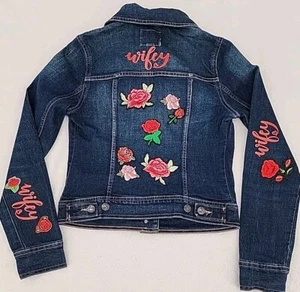 Old Navy (2014) Women's X-Small Jean Jacket WIFEY Flowers HTV Flowers Upcycled - Picture 1 of 24