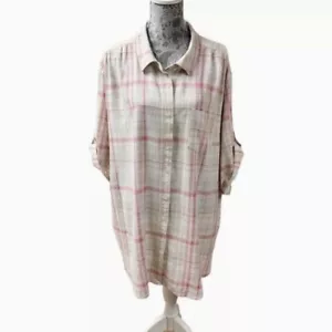 WOMAN WITHIN Linen Blend Tunic Shirt 2X (26/28) Plaid Button Front Tab Sleeves - Picture 1 of 9