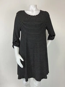 Garnet Hill Size Medium Black Striped Ruched Sleeve Dress 3/4 Sleeves - Picture 1 of 7
